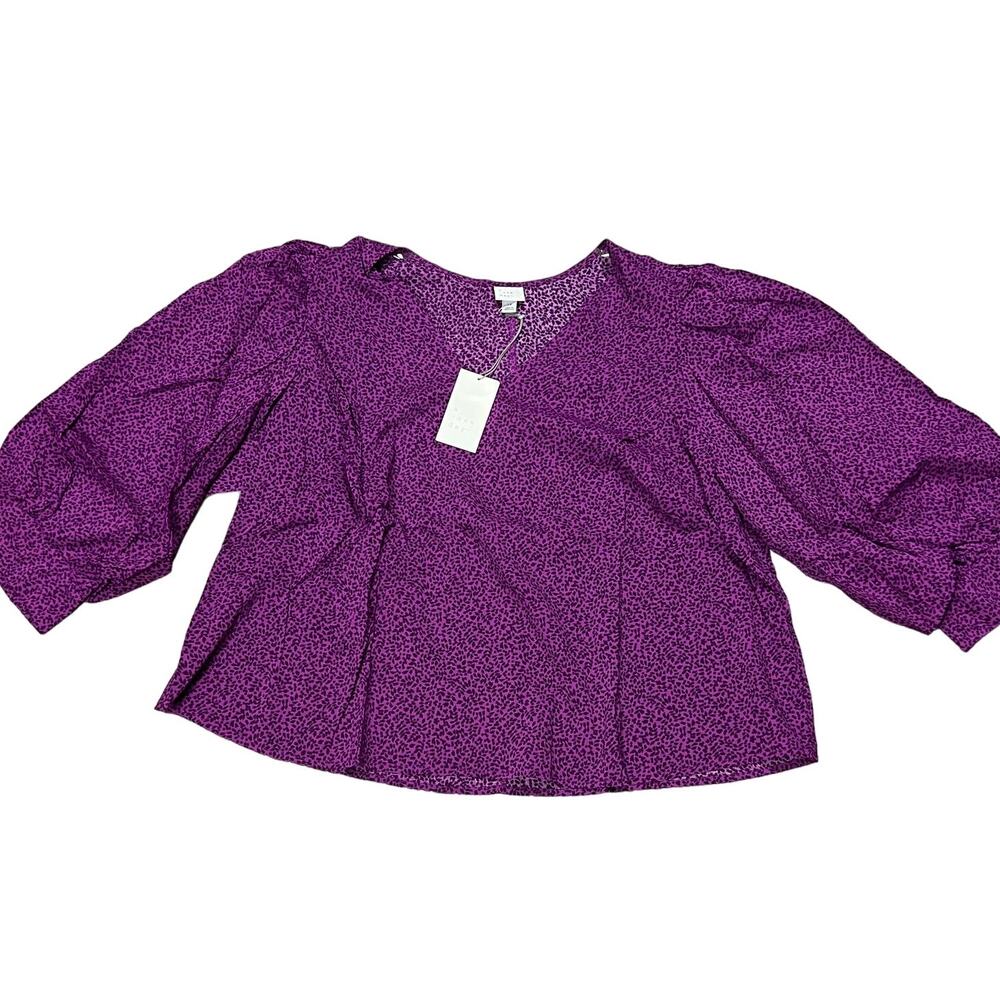A New Day Women's Plus Size Purple Printed Bishop Long Sleeve Shirt - 1X - NWT